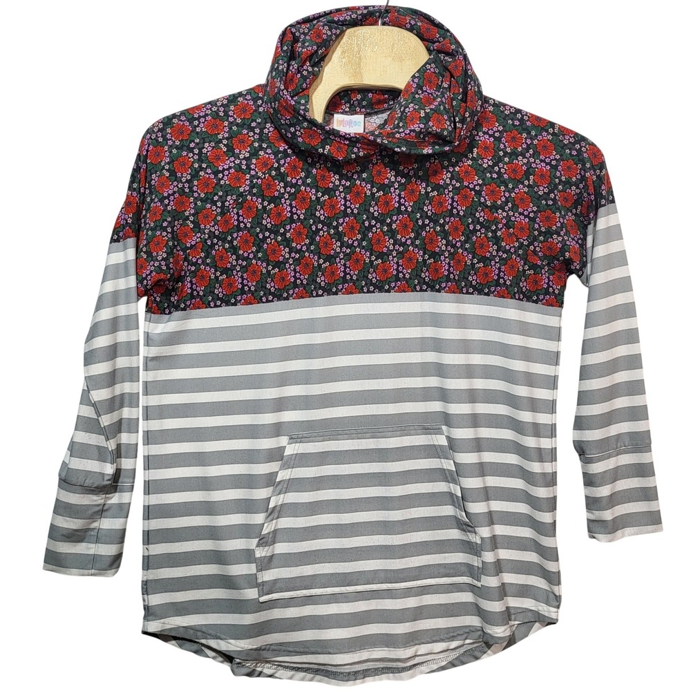 LuLaRoe Amber Hoodie XL Womens Gray Striped Red Floral Cowl Neck Kangaroo Pocket